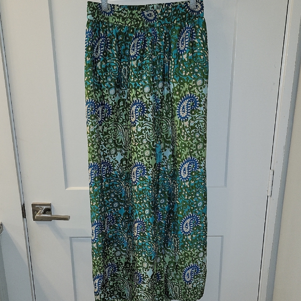 Chelsea & Theodore Silky Green and Blue Paisley Pants